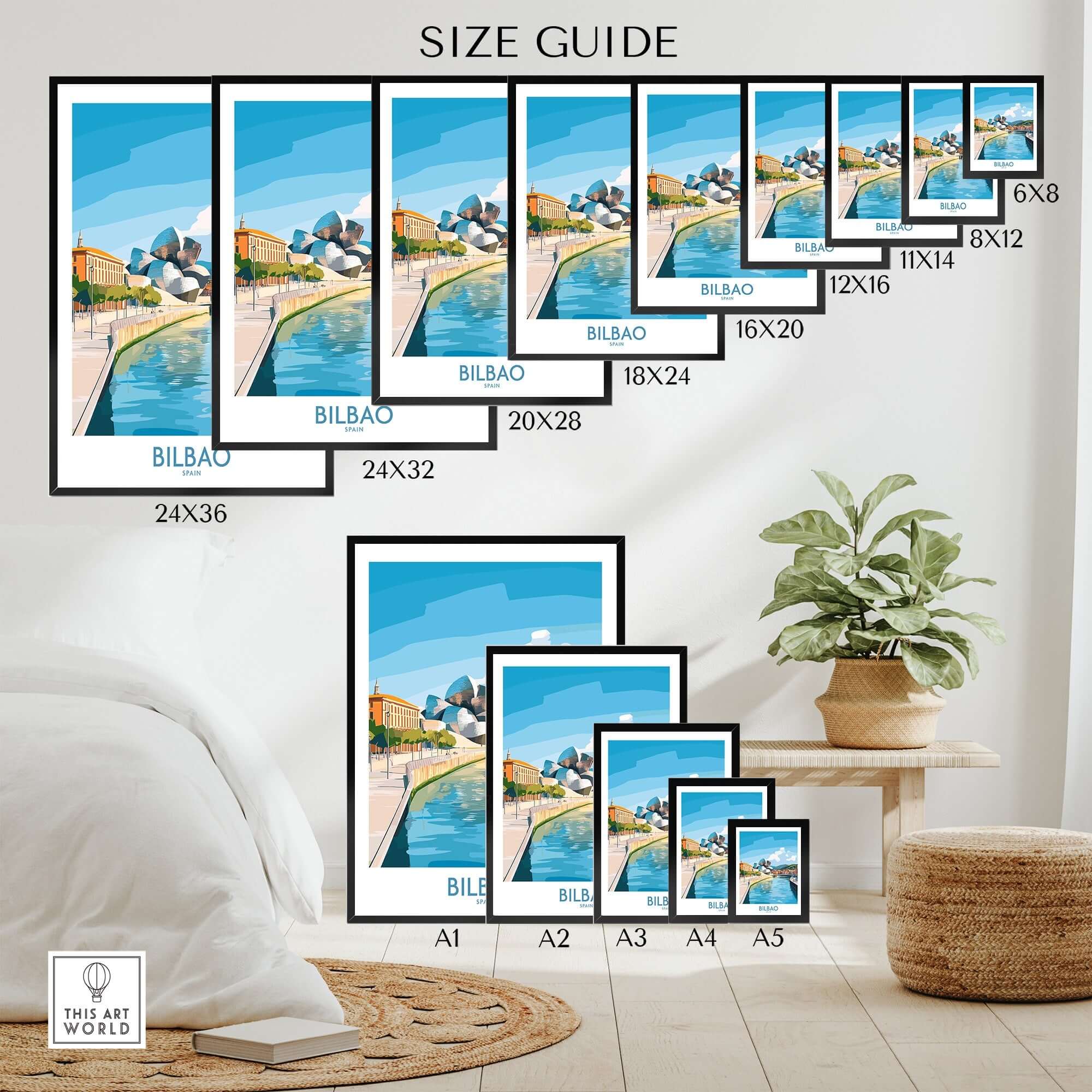 Bilbao Travel Poster size guide showcasing various dimensions and designs in a stylish living room setting.