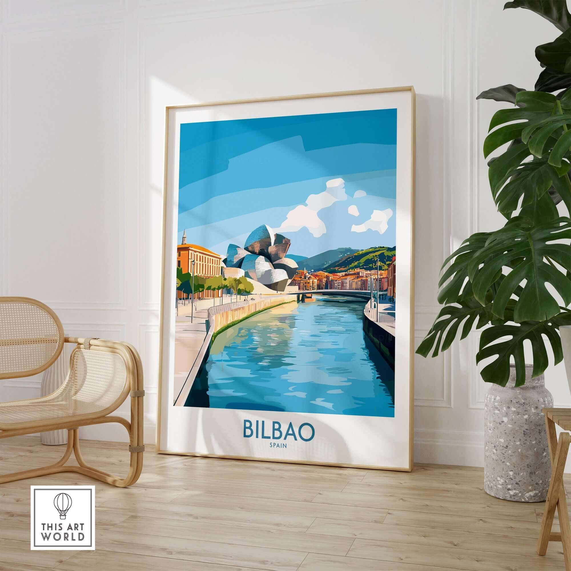 Bilbao Travel Poster featuring vibrant cityscape and river view, perfect for travel enthusiasts.
