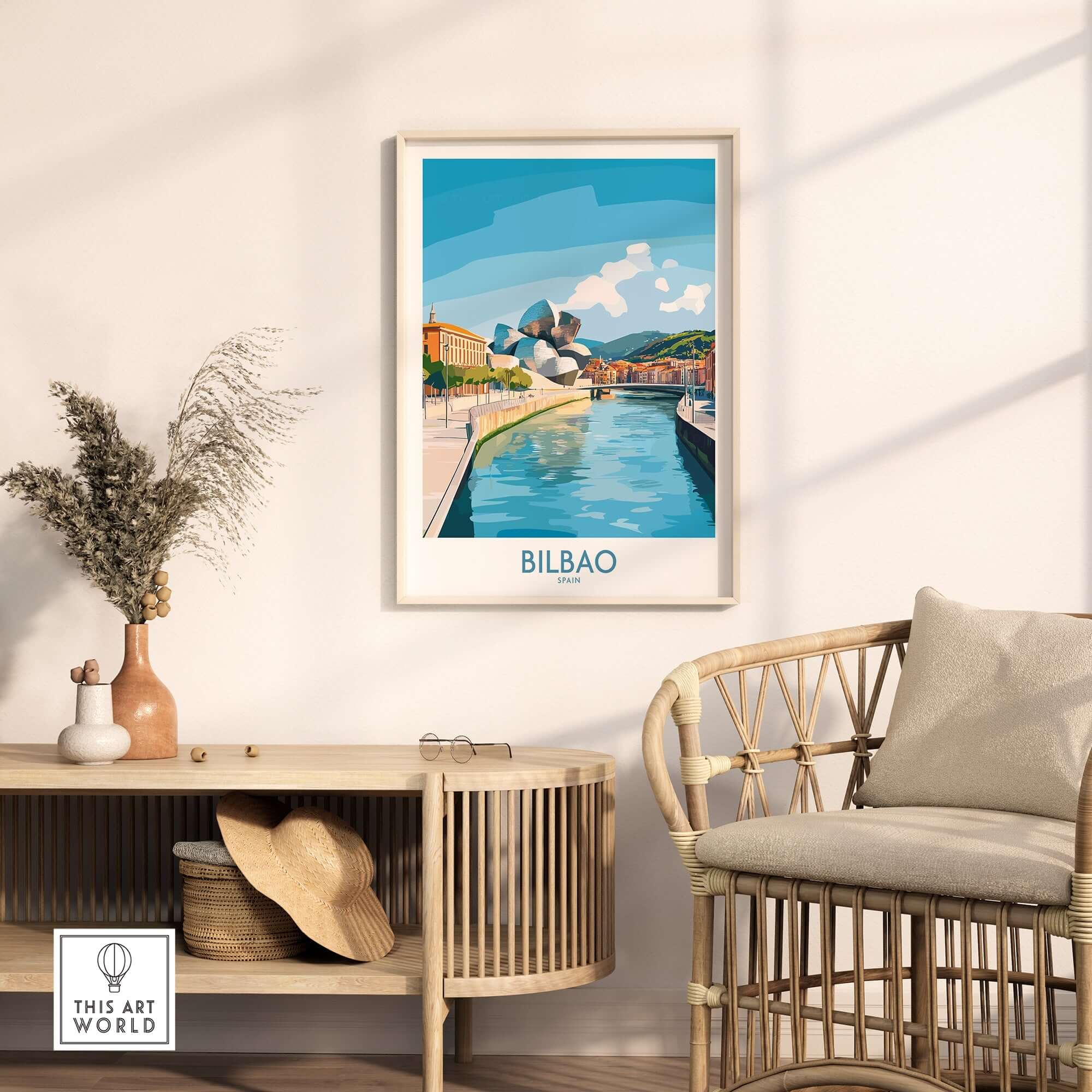 Bilbao Travel Poster featuring a vibrant depiction of Bilbao's iconic landmarks and waterways.