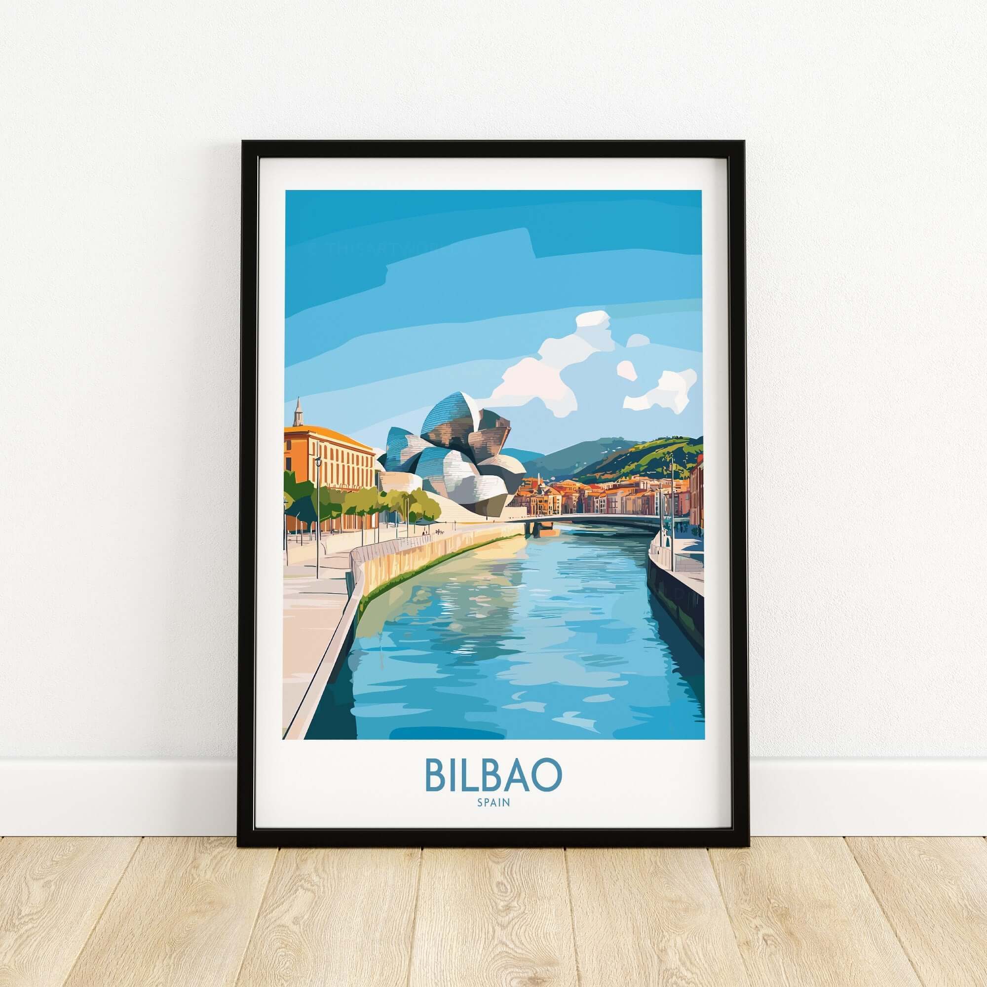 Bilbao Travel Poster featuring the iconic Guggenheim Museum and the river in a colorful artistic design.
