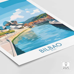 Bilbao Travel Poster showcasing the picturesque river and iconic architecture of Bilbao, Spain.