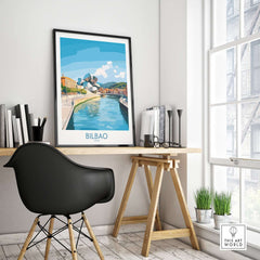Bilbao Travel Poster displayed on a stylish desk, showcasing the iconic Guggenheim Museum and vibrant cityscape.