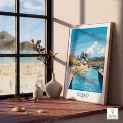Bilbao Travel Poster featuring scenic waterfront views and vibrant colors, perfect for travel enthusiasts.