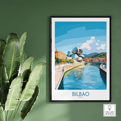 Bilbao Travel Poster showcasing the iconic Guggenheim Museum and scenic river view in a vibrant design.