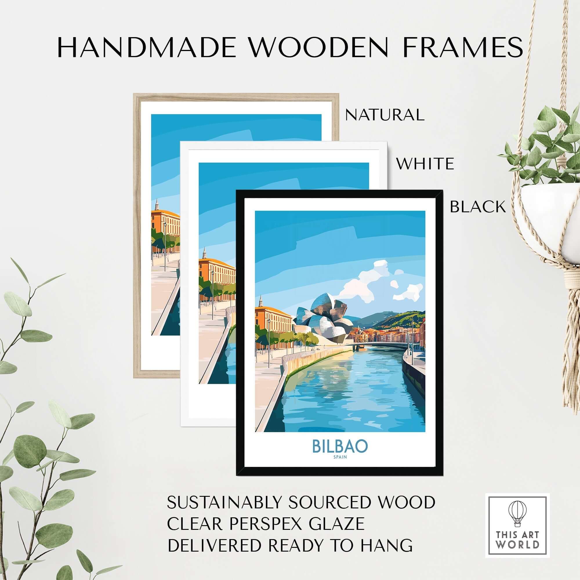 Handmade wooden frames showcasing the Bilbao Travel Poster in natural, white, and black finishes, ready to hang.