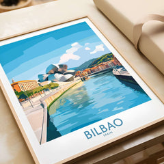Bilbao Travel Poster featuring the iconic landmarks and riverside view of Bilbao, Spain.