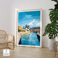Bilbao Travel Print showcasing the city's landmarks and vibrant colors in a stylish home setting.