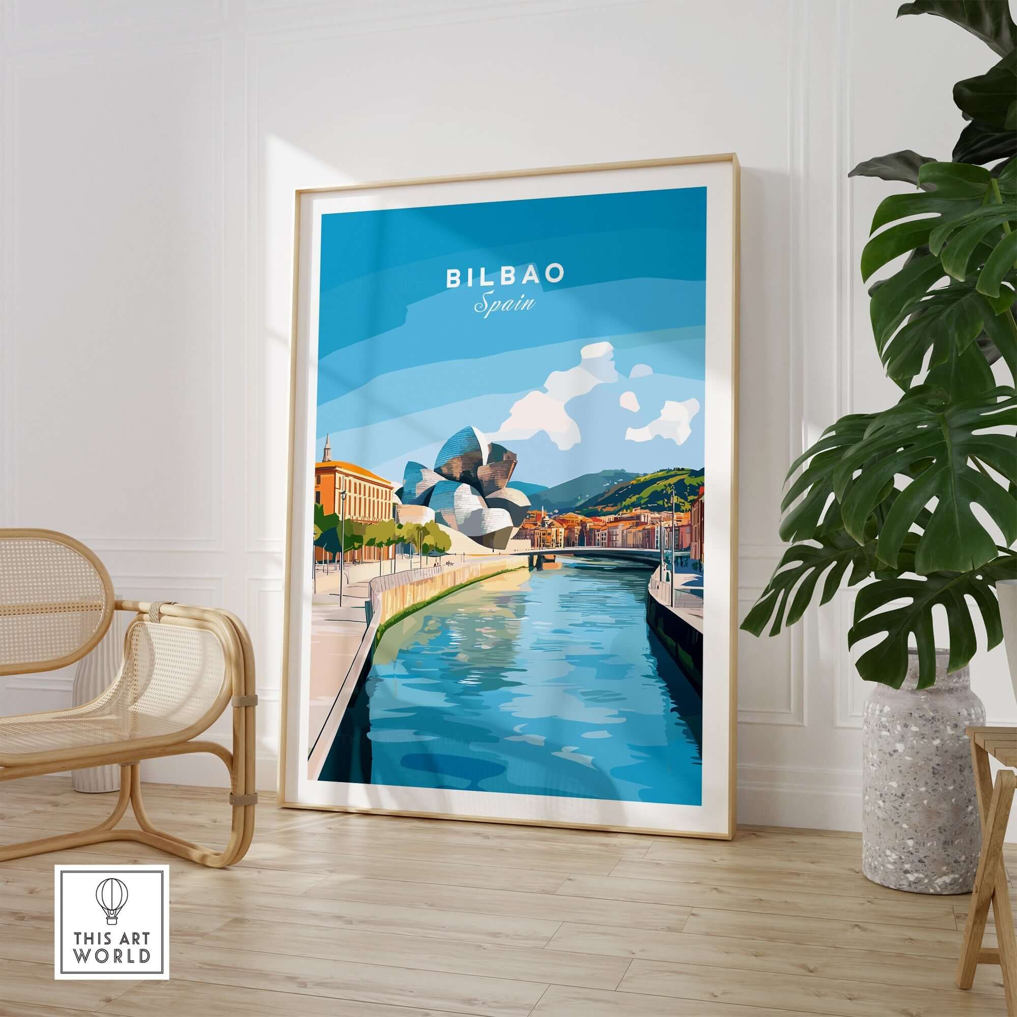 Bilbao Travel Print showcasing the city's landmarks and vibrant colors in a stylish home setting.
