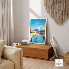 Bilbao Travel Print featuring a colorful depiction of the city's iconic landmarks in a stylish living room setting.