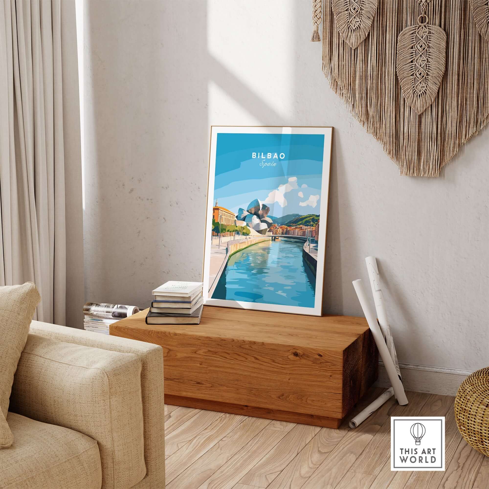 Bilbao Travel Print featuring a colorful depiction of the city's iconic landmarks in a stylish living room setting.