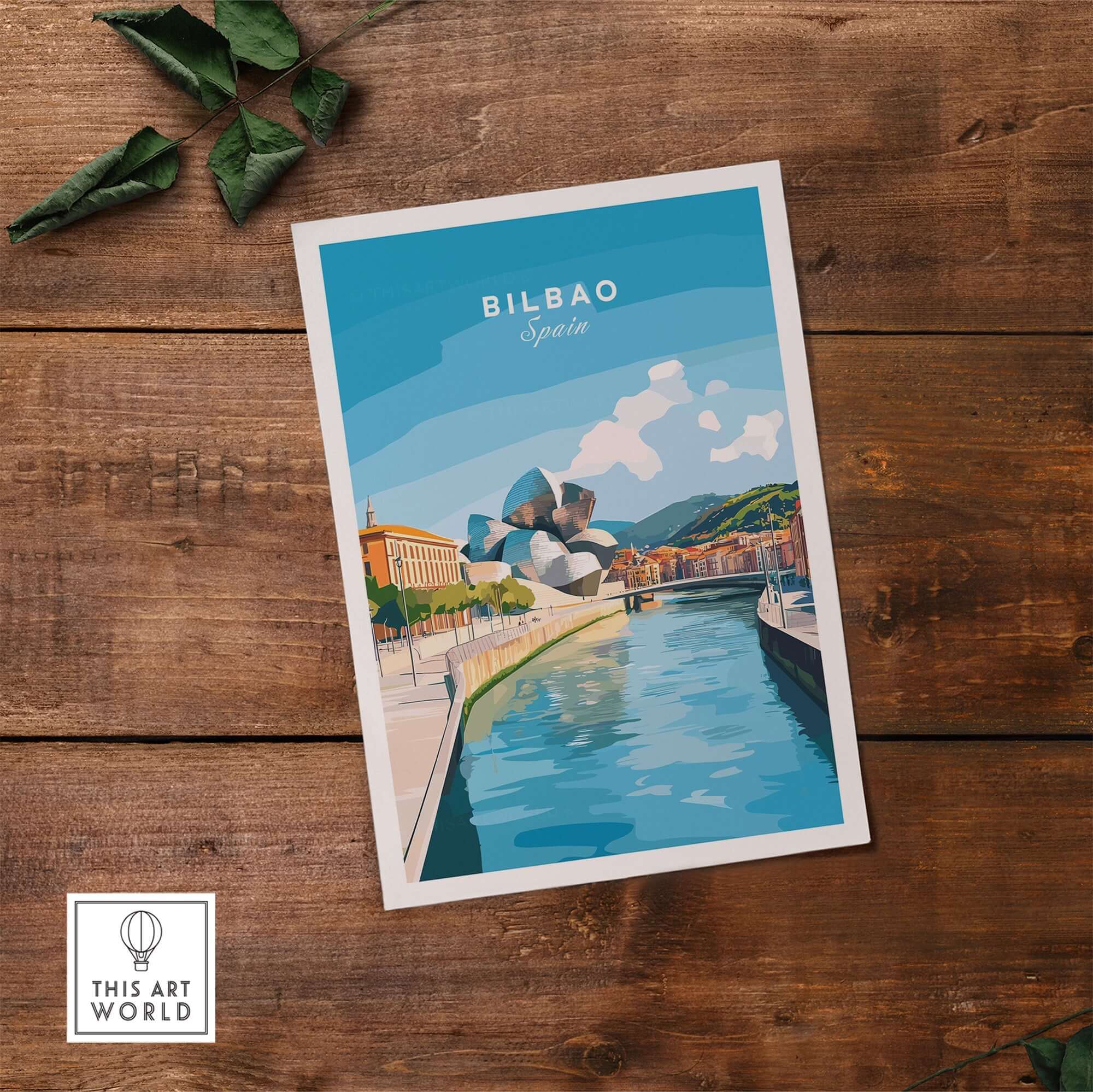 Bilbao Travel Print showcasing the scenic beauty of Bilbao, Spain, featuring landmarks and vibrant colors.