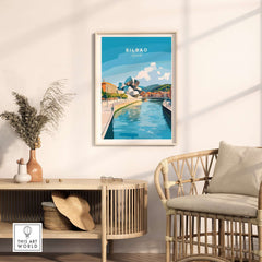 Bilbao Travel Print showcasing stunning landmarks along the river in a stylish home decor setting.