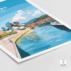 Bilbao Travel Print showcasing the riverside and landmarks of Bilbao, perfect for travel lovers.