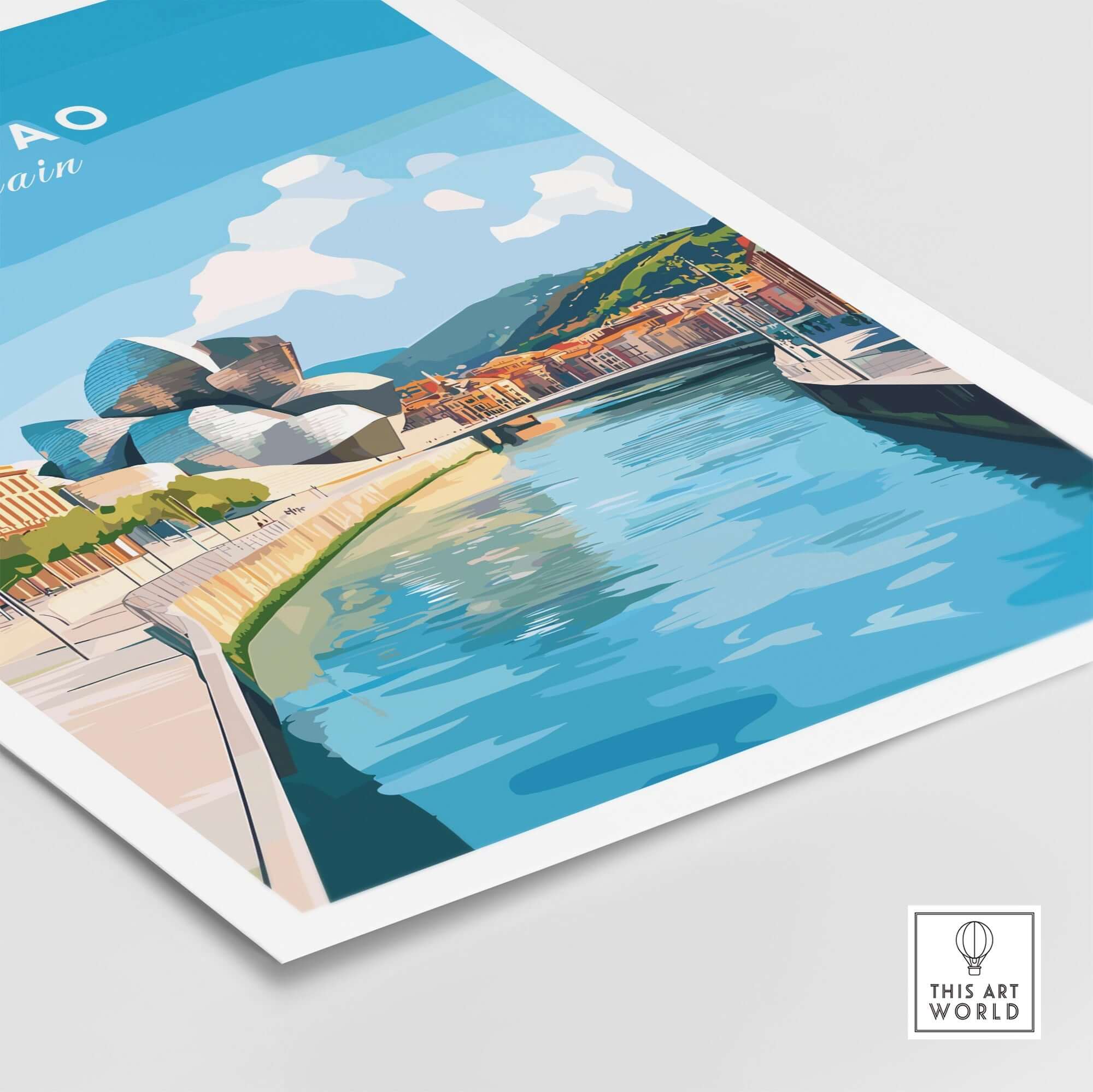 Bilbao Travel Print showcasing the riverside and landmarks of Bilbao, perfect for travel lovers.