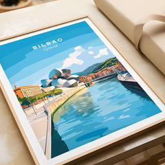 Bilbao Travel Print depicting the scenic river and iconic landmarks of Bilbao, Spain.