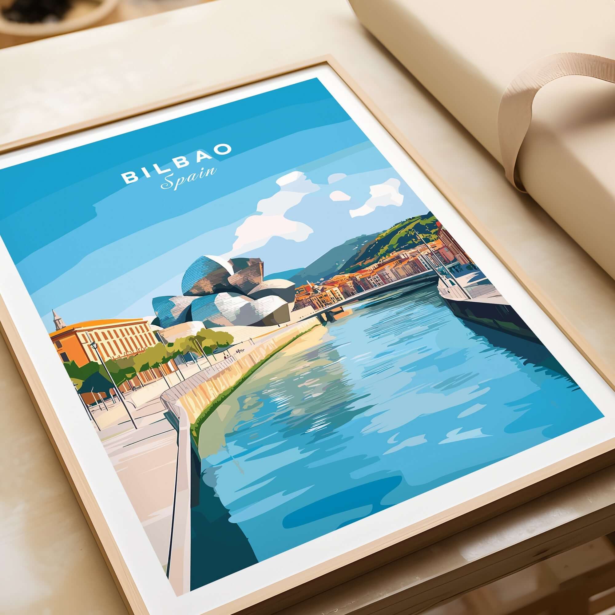 Bilbao Travel Print depicting the scenic river and iconic landmarks of Bilbao, Spain.