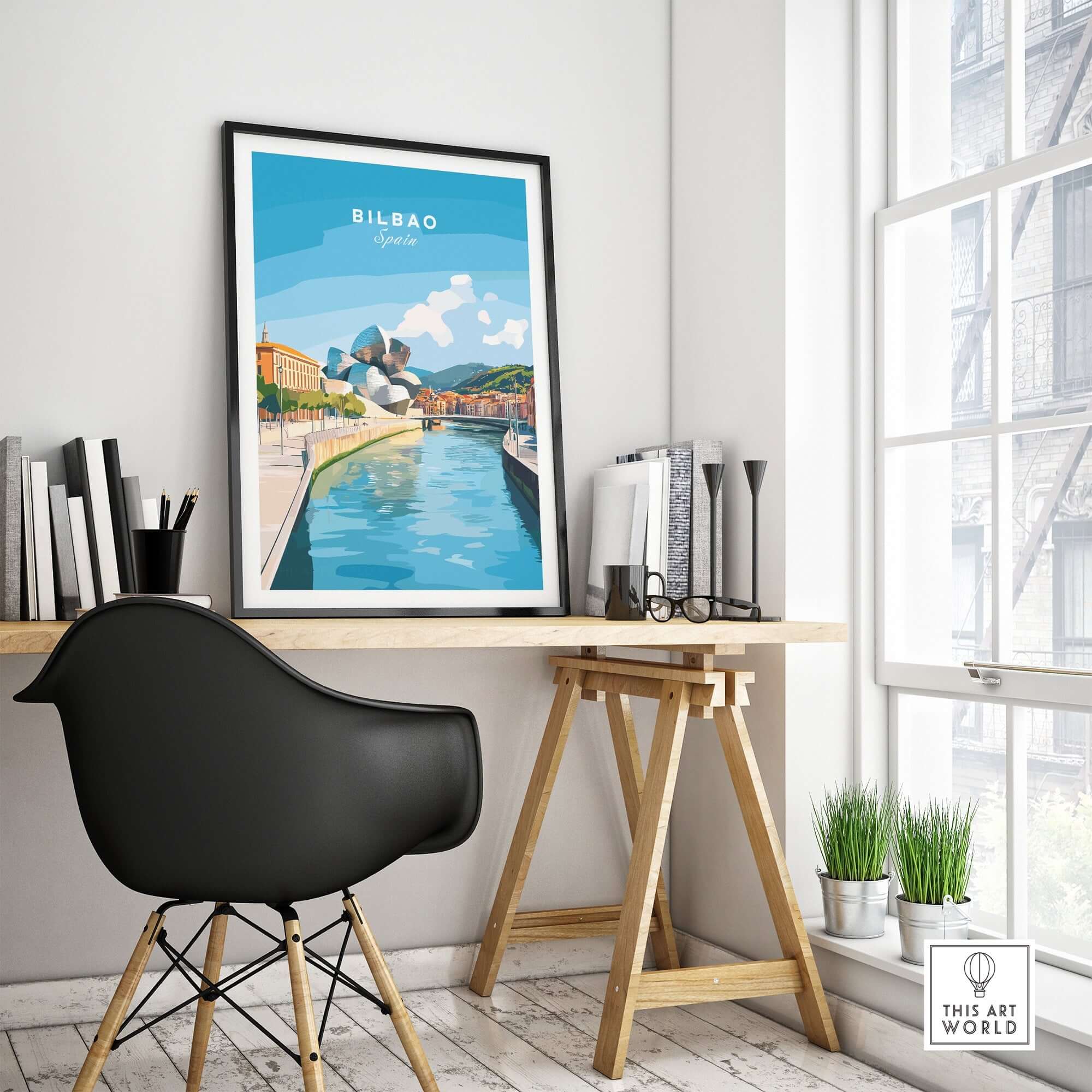 Bilbao Travel Print featuring the city's iconic landmarks beside a serene river in a modern home office setting.