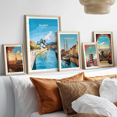 Bilbao Travel Print showcasing iconic landmarks of Bilbao, Spain, displayed alongside other vibrant city prints.