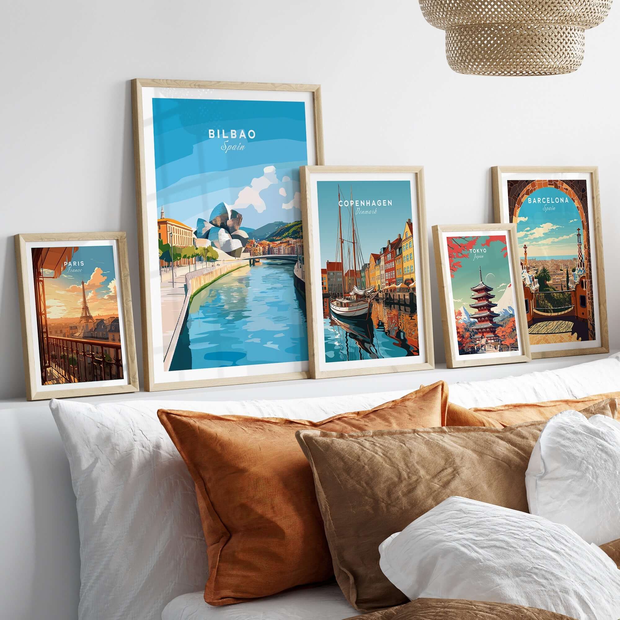 Bilbao Travel Print showcasing iconic landmarks of Bilbao, Spain, displayed alongside other vibrant city prints.