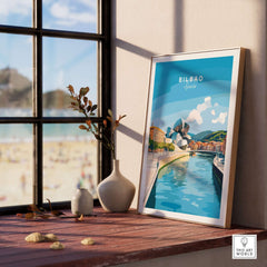 Bilbao Travel Print showcasing the vibrant cityscape of Bilbao, Spain, with iconic landmarks and beautiful scenery.