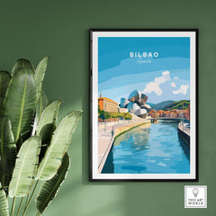 Bilbao Travel Print showcasing the city's landmarks, vibrant colors, and iconic architecture in Spain.