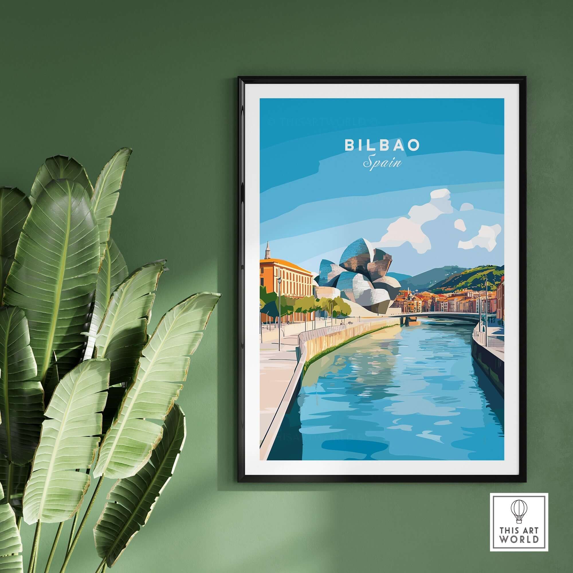 Bilbao Travel Print showcasing the city's landmarks, vibrant colors, and iconic architecture in Spain.