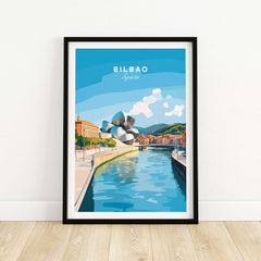 Bilbao Travel Print showcasing the iconic Guggenheim Museum and river scenery in Bilbao, Spain.