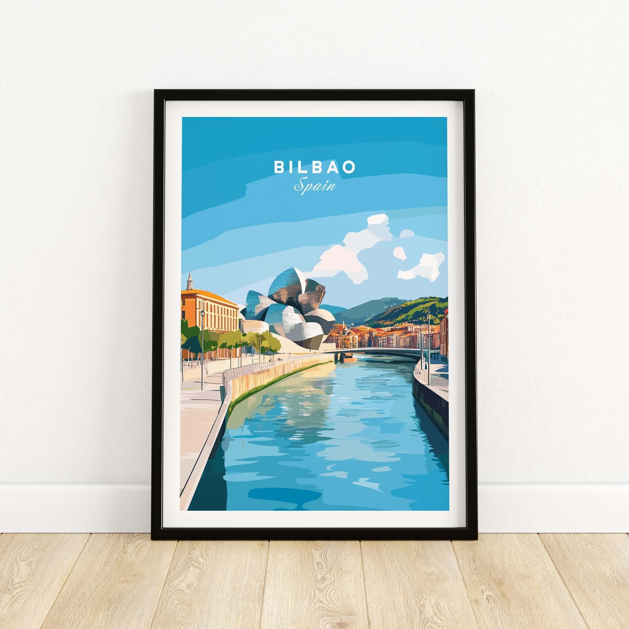 Bilbao Travel Print showcasing the iconic Guggenheim Museum and river scenery in Bilbao, Spain.