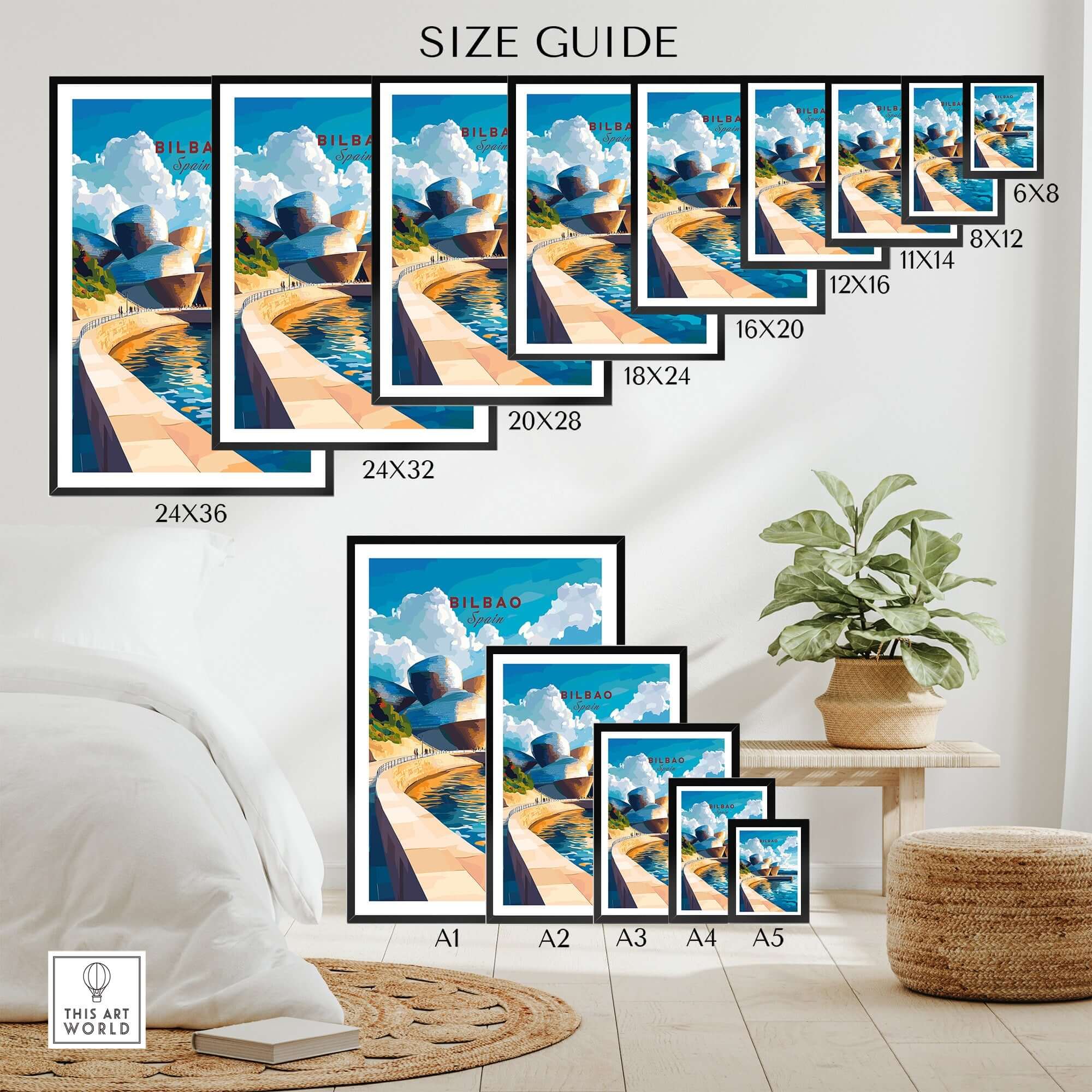 Bilbao Wall Art size guide featuring various frame options for the Guggenheim Museum design.