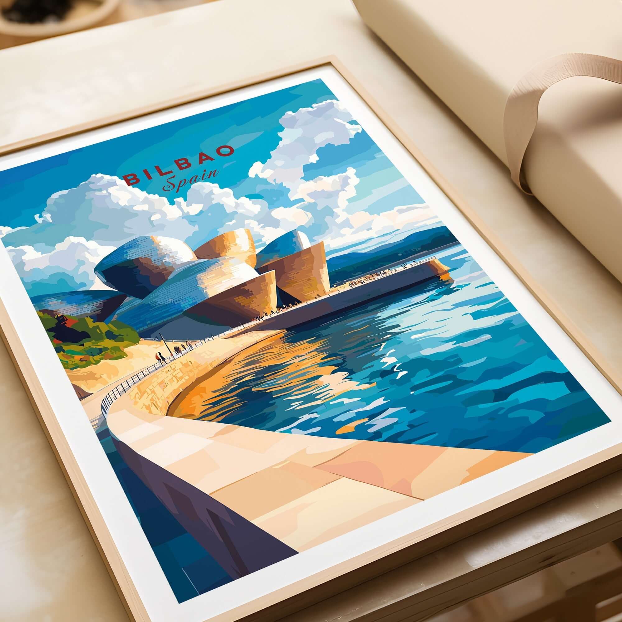 Bilbao Wall Art featuring a vibrant illustration of the Guggenheim Museum in Bilbao, Spain.