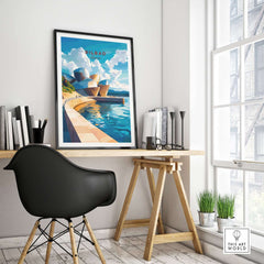 Bilbao Wall Art displayed in a modern workspace featuring the Guggenheim Museum Bilbao.