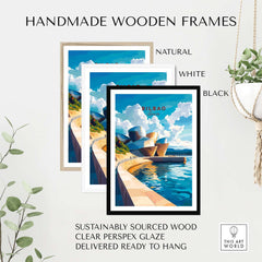 Bilbao Wall Art in handmade wooden frames: natural, white, and black options, featuring Guggenheim Museum design.
