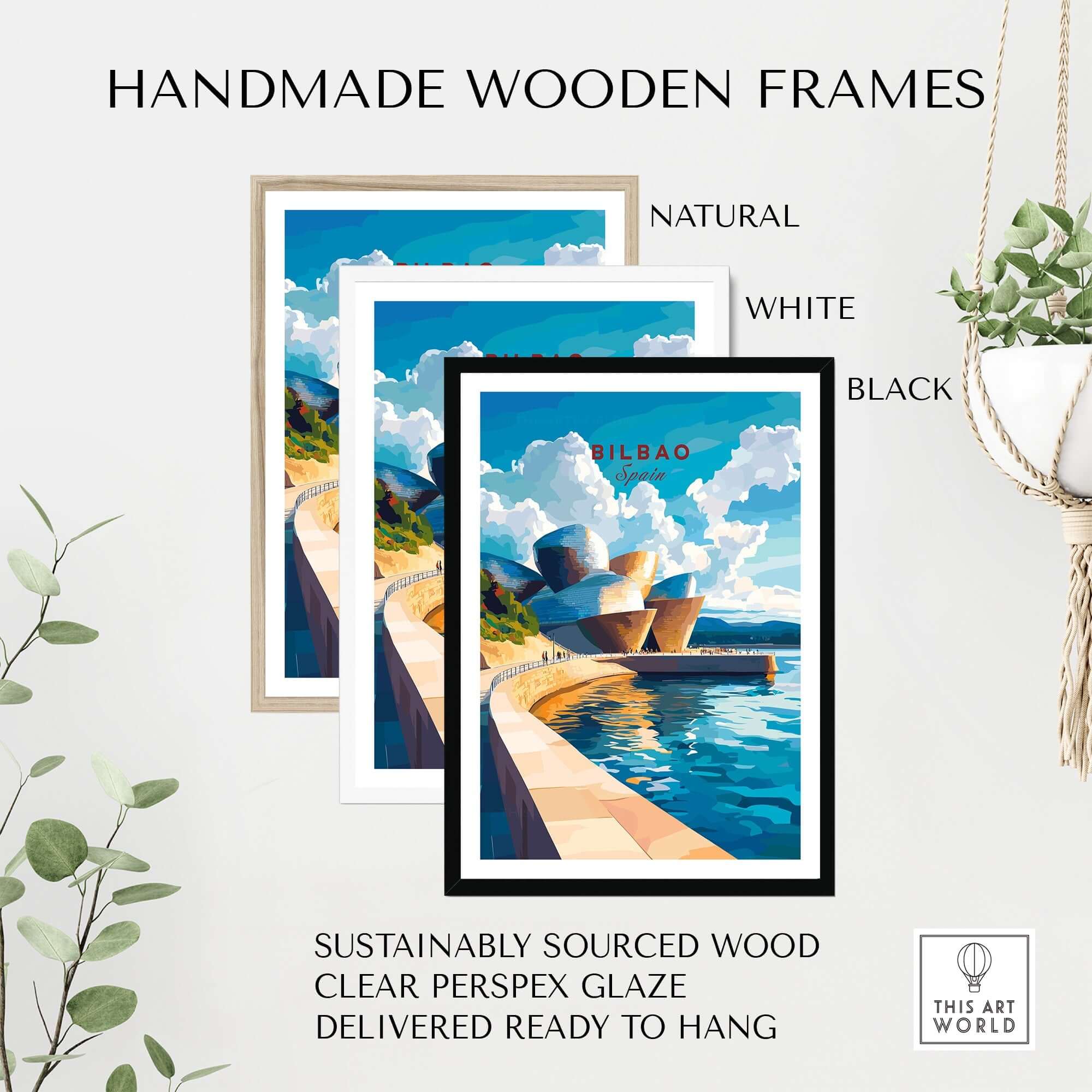 Bilbao Wall Art in handmade wooden frames: natural, white, and black options, featuring Guggenheim Museum design.