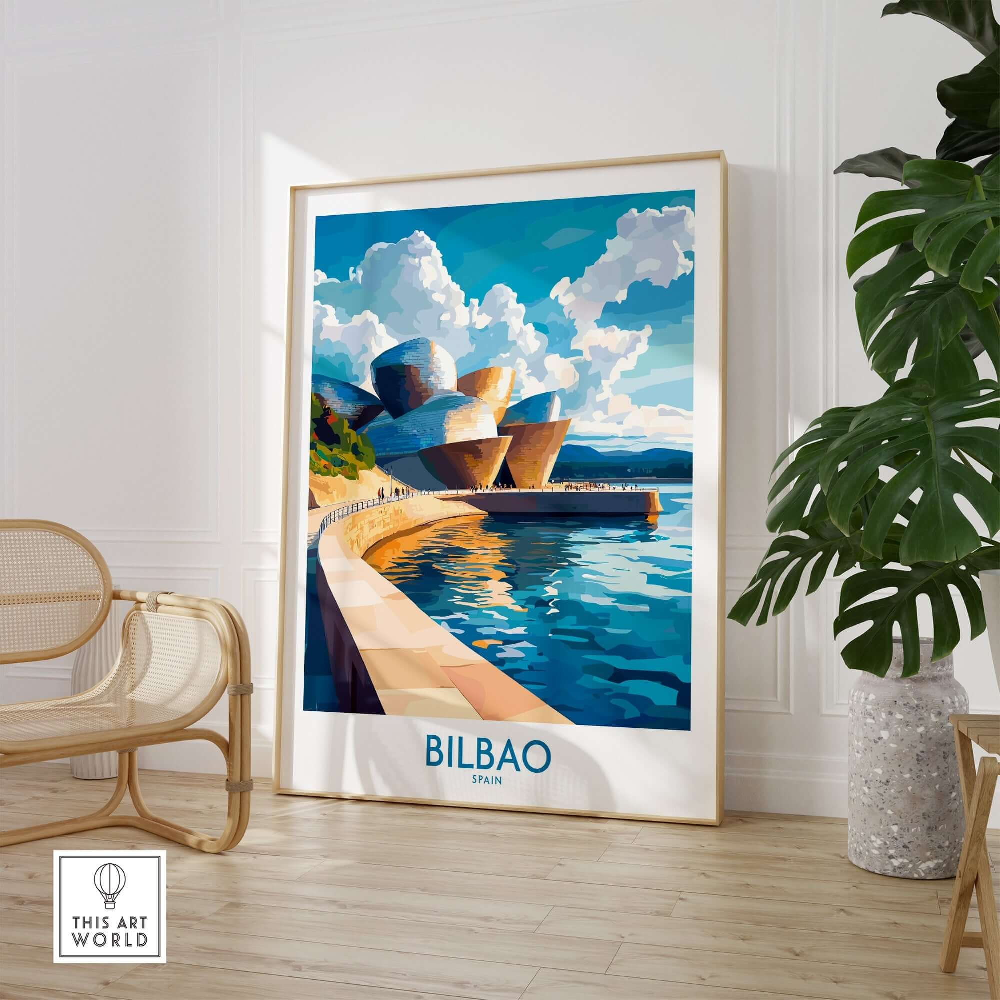 Bilbao Wall Art Print featuring the stunning architecture of Bilbao, Spain in vibrant colors and intricate details.