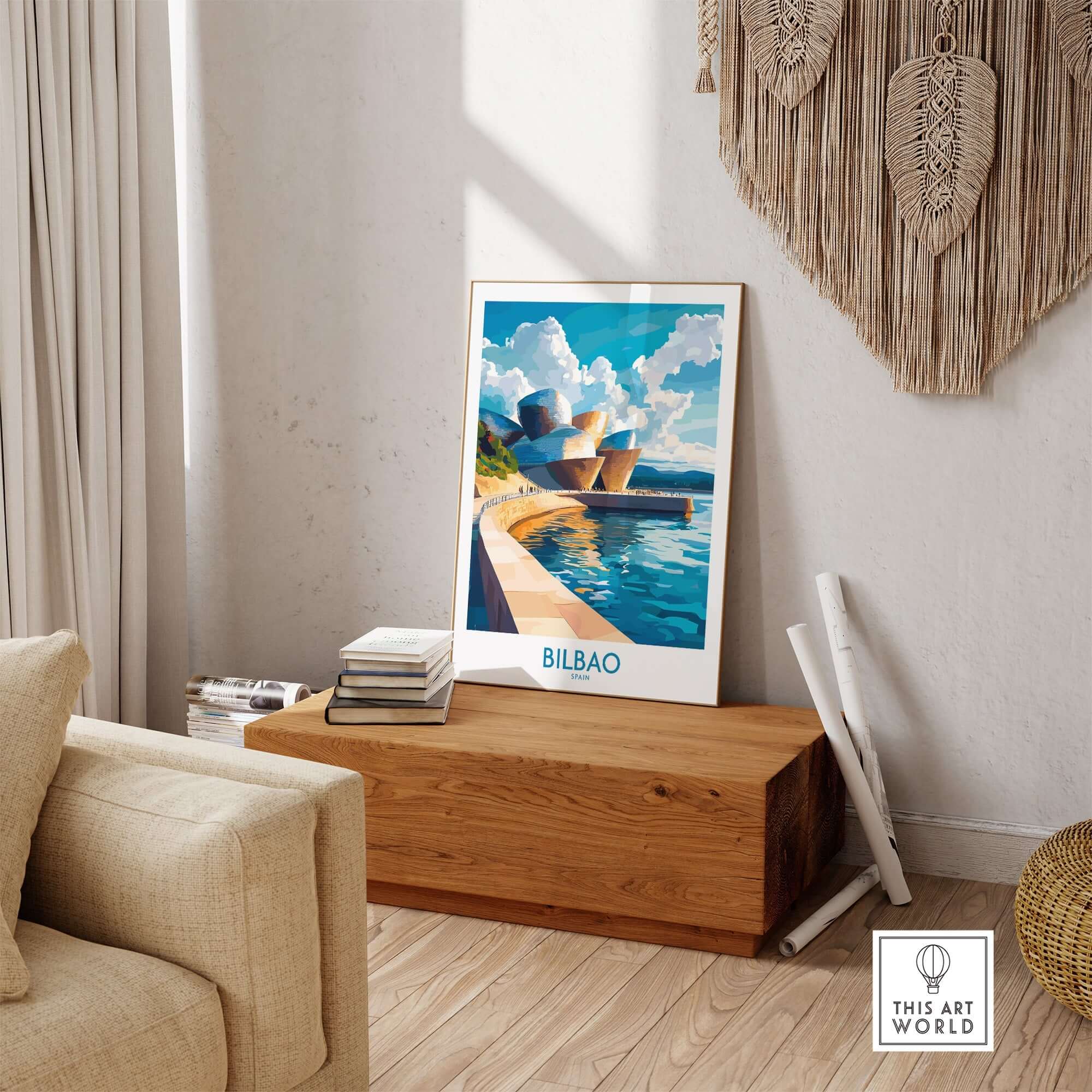 Bilbao Wall Art Print showcasing vibrant colors and intricate design in a stylish living room setting.