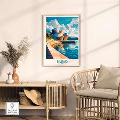 Bilbao Wall Art Print featuring vibrant colors and intricate details in a modern living room setting.