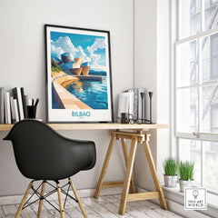 Bilbao Wall Art Print displayed in a modern workspace, featuring vibrant colors and intricate details.