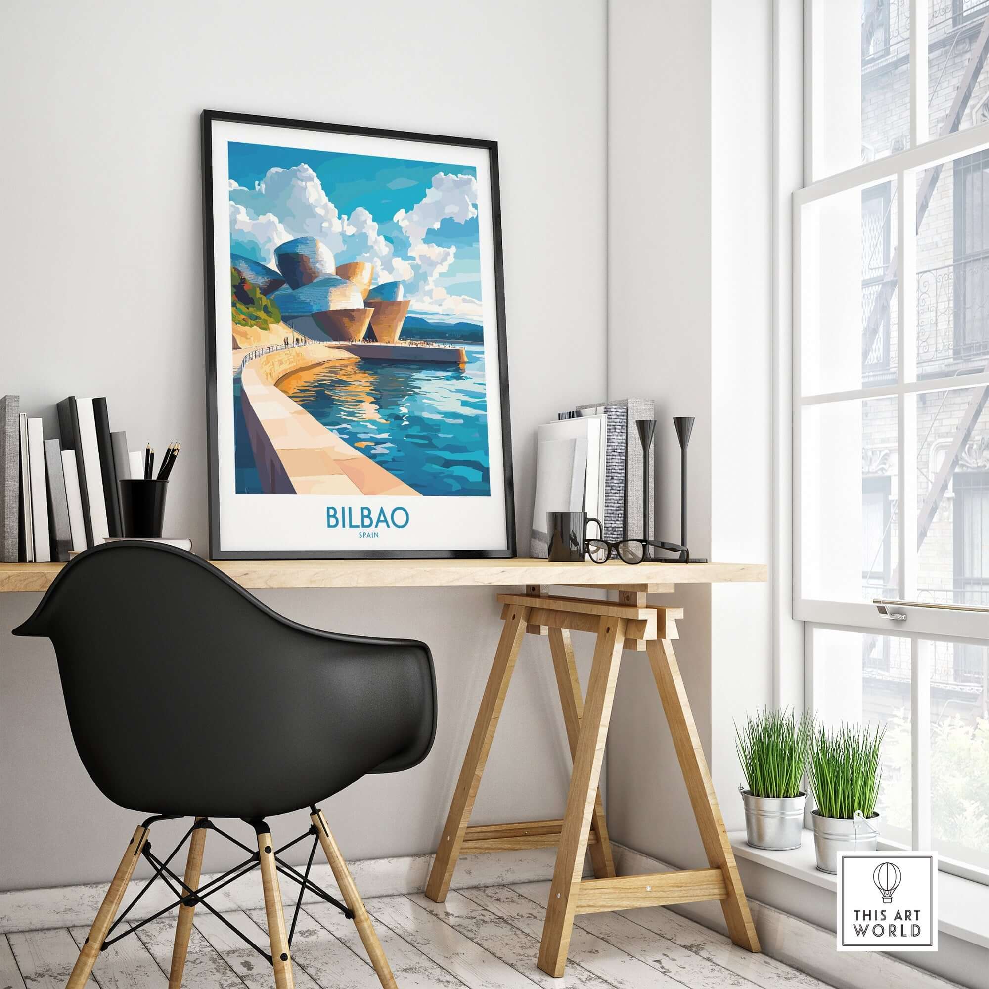 Bilbao Wall Art Print displayed in a modern workspace, featuring vibrant colors and intricate details.