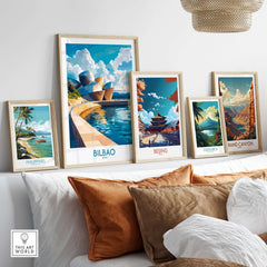 Bilbao Wall Art Print showcased among other travel posters on a stylish wall in a cozy living space.