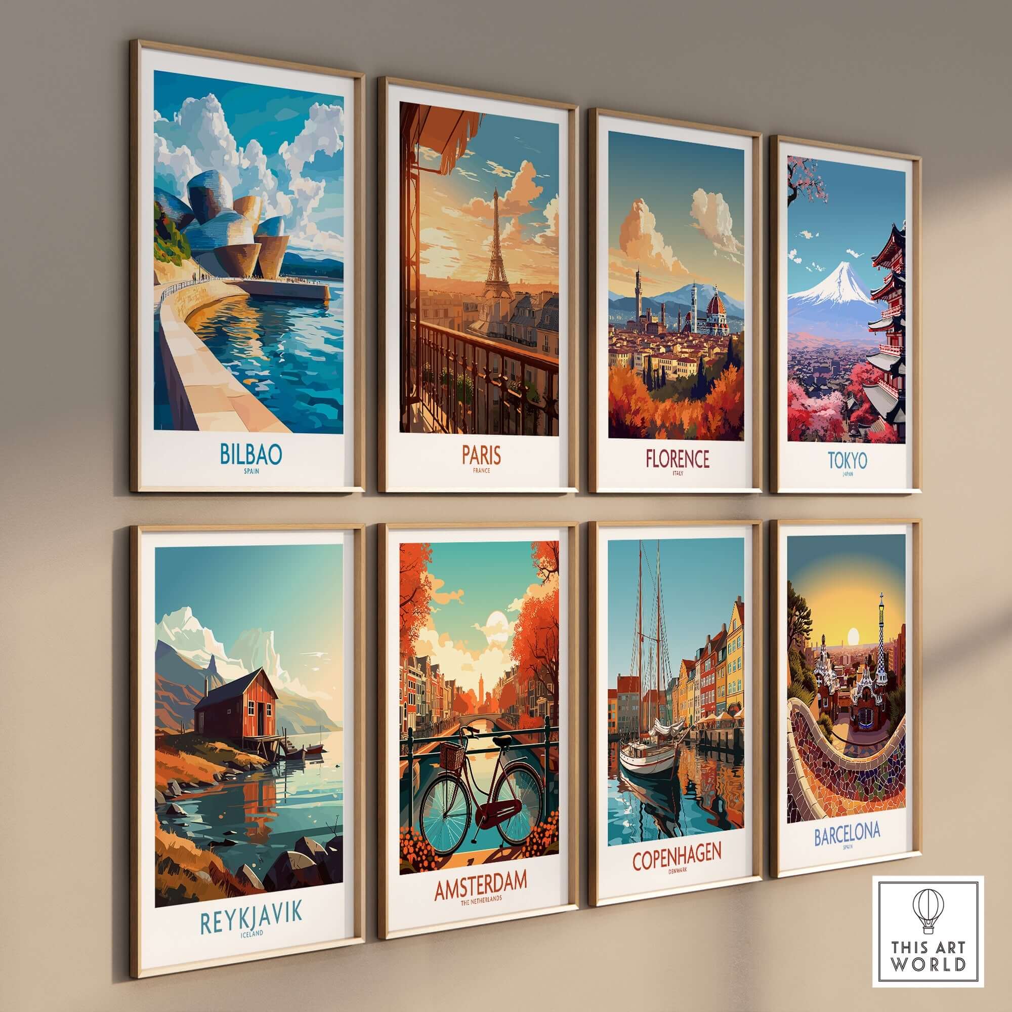 Bilbao Wall Art Print featuring vibrant cityscapes along with other travel posters from Paris, Florence, Tokyo, and more.