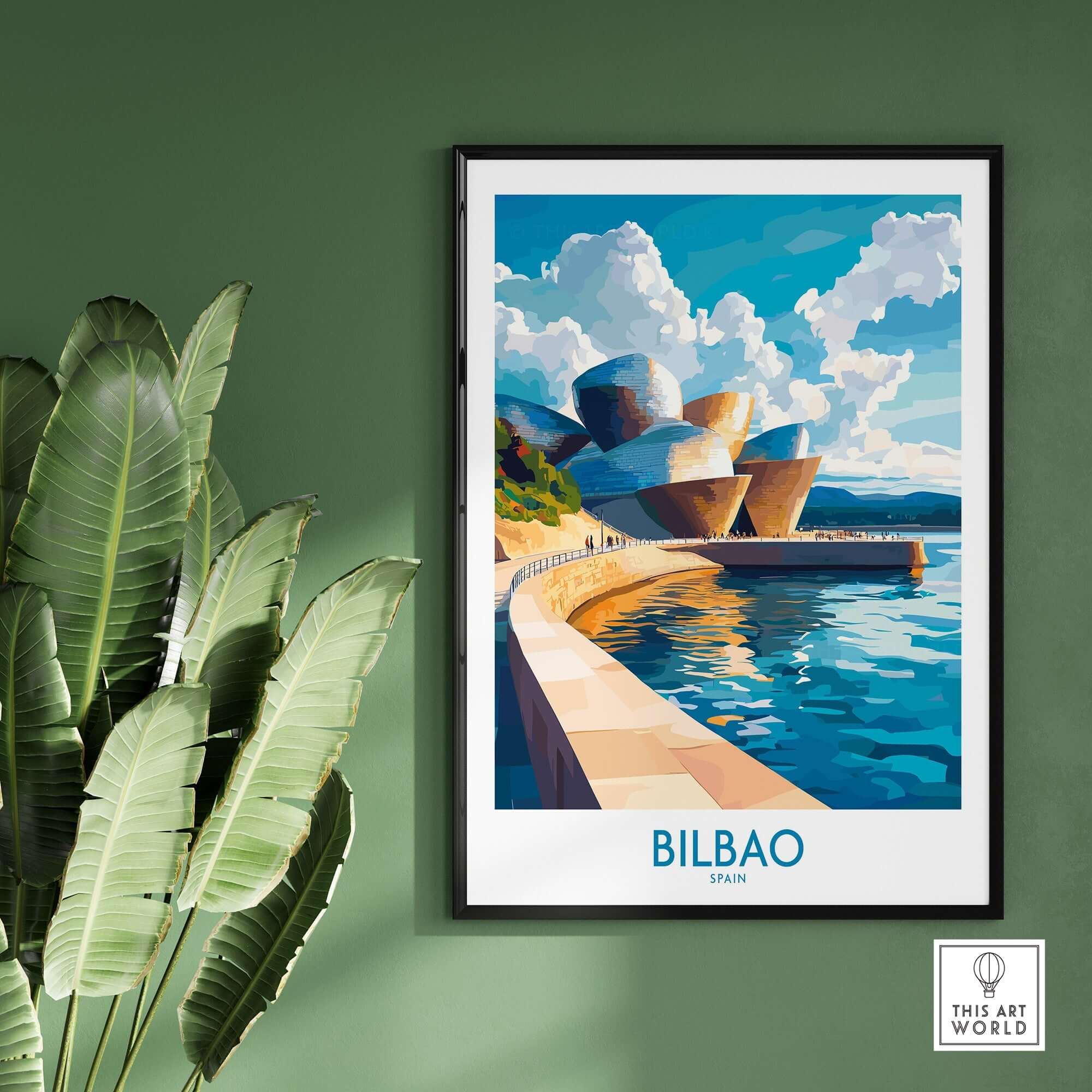 Bilbao Wall Art Print featuring vibrant colors and intricate design, showcasing the iconic architecture of Bilbao, Spain.