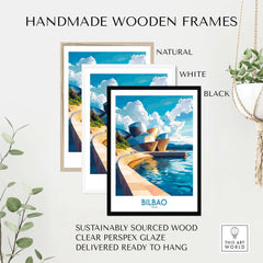 Bilbao Wall Art Print in handmade wooden frames in natural, white, and black options, highlighting sustainable sourcing.