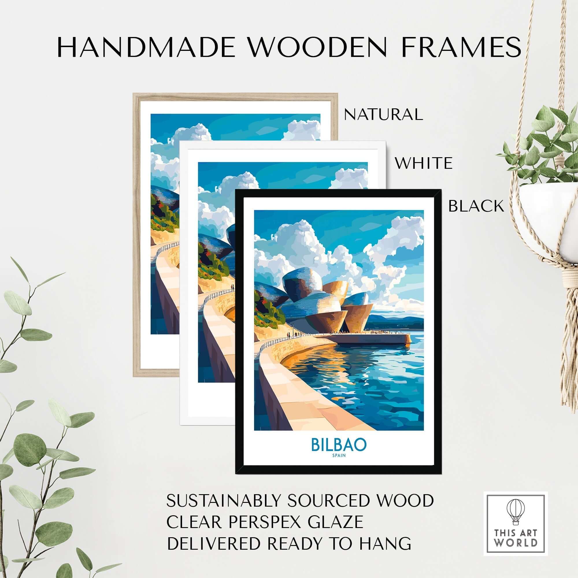 Bilbao Wall Art Print in handmade wooden frames in natural, white, and black options, highlighting sustainable sourcing.