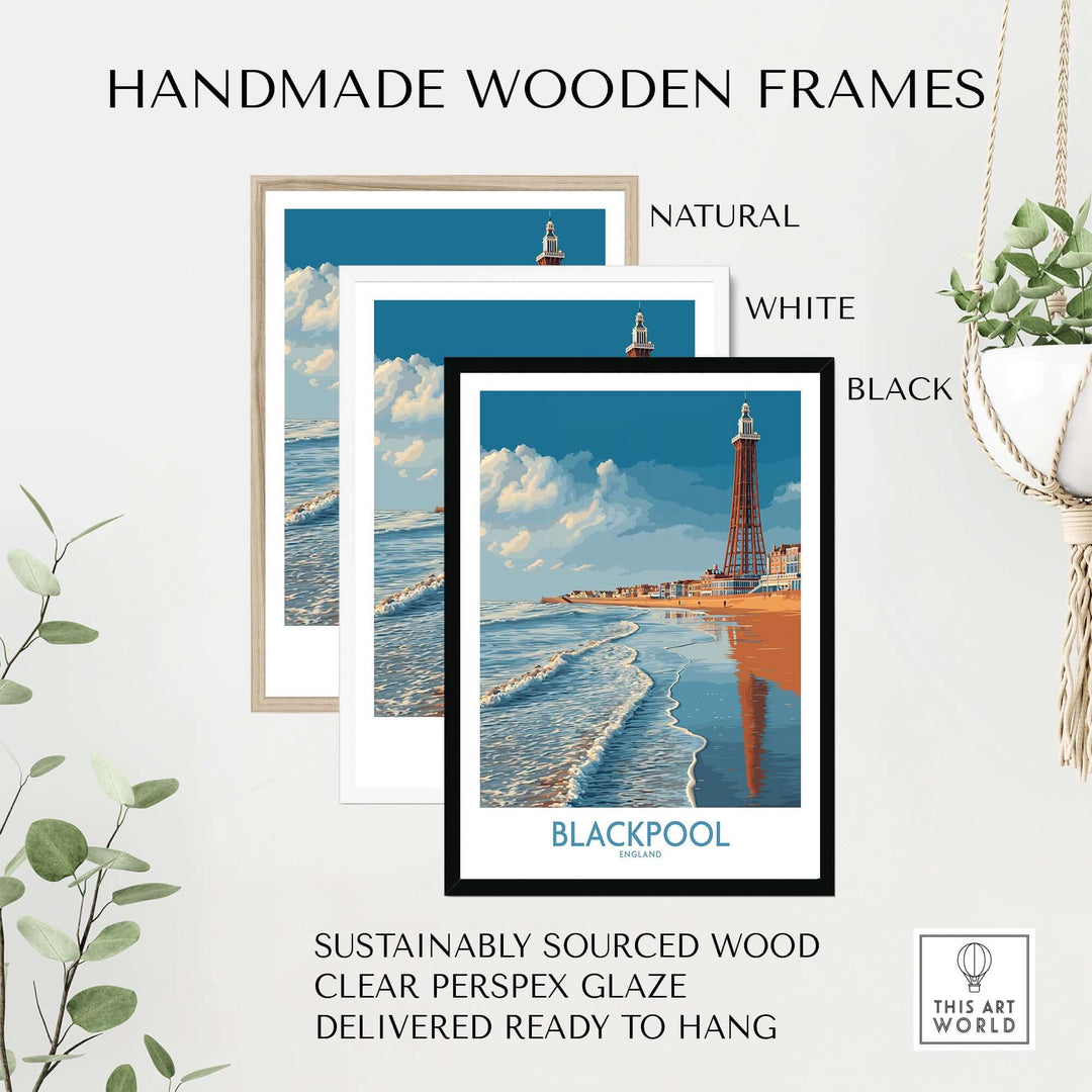 Blackpool England Tower Seascape Art Print | Beach Travel Poster framed in natural, white, and black handmade wooden frames.