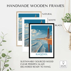 Blackpool England Tower Seascape Art Print | Beach Travel Poster framed in black, white, and natural wood with seaside view.