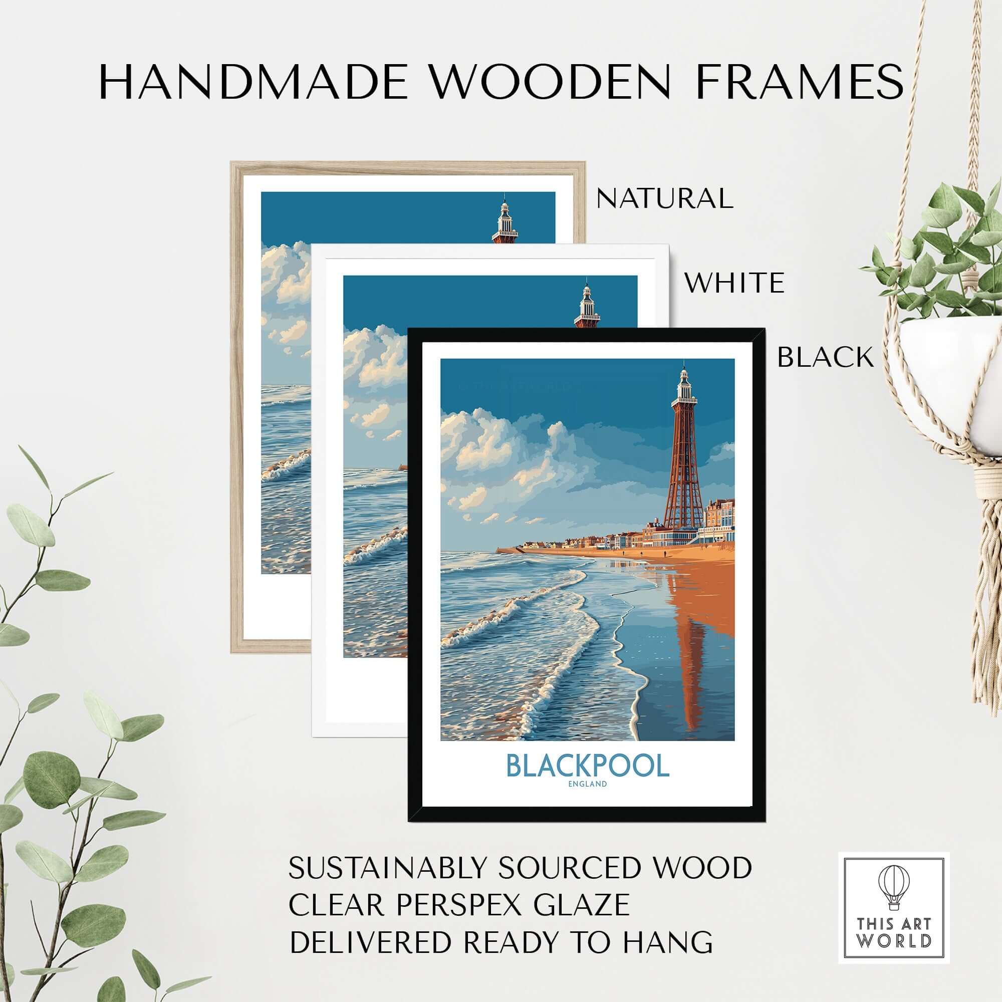 Blackpool England Tower Seascape Art Print | Beach Travel Poster framed in black, white, and natural wood with seaside view.