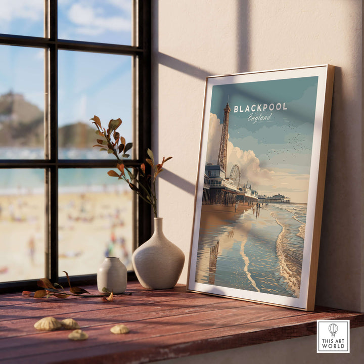 Blackpool Beach Fairground View Print | Lancashire Coastal Wall Art displayed on a windowsill with a beach view.