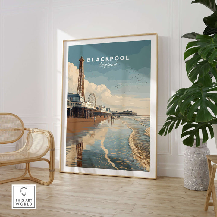 Blackpool Beach Fairground View Print | Lancashire Coastal Wall Art displayed in a stylish interior with a tropical plant.