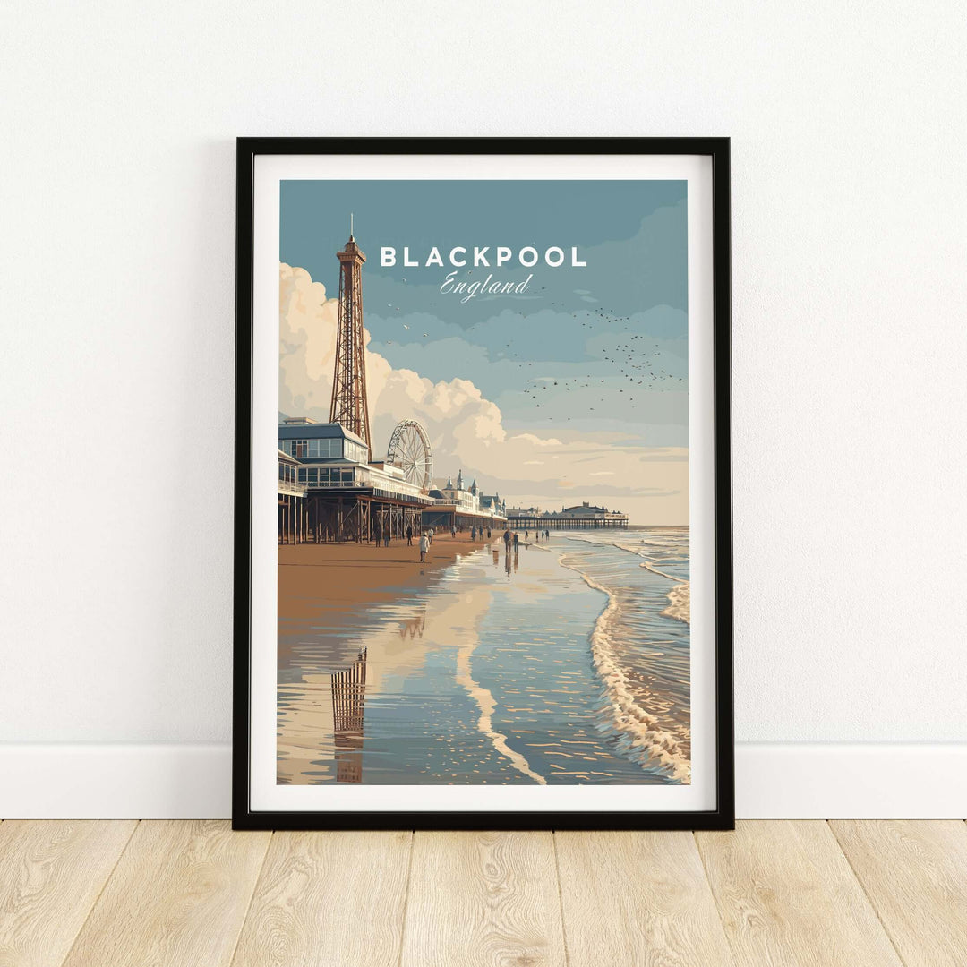 Blackpool Beach Fairground View Print | Lancashire Coastal Wall Art featuring the iconic Blackpool tower and seafront.