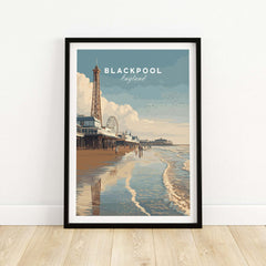 Blackpool Beach Fairground View Print | Lancashire Coastal Wall Art framed poster depicting Blackpool's iconic skyline and beachfront.